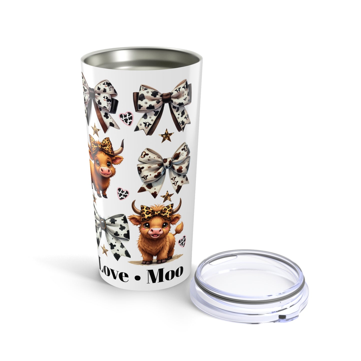 Cow Print Bow 20oz Tumbler — Cute Highland Cow "Peace • Love • Moo" Travel Cup