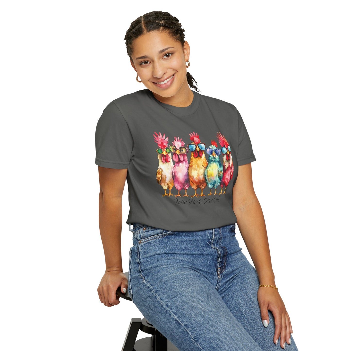 Colorful Chicken Crew T-Shirt — 'Farm Fresh. Street Cool' Graphic Tee