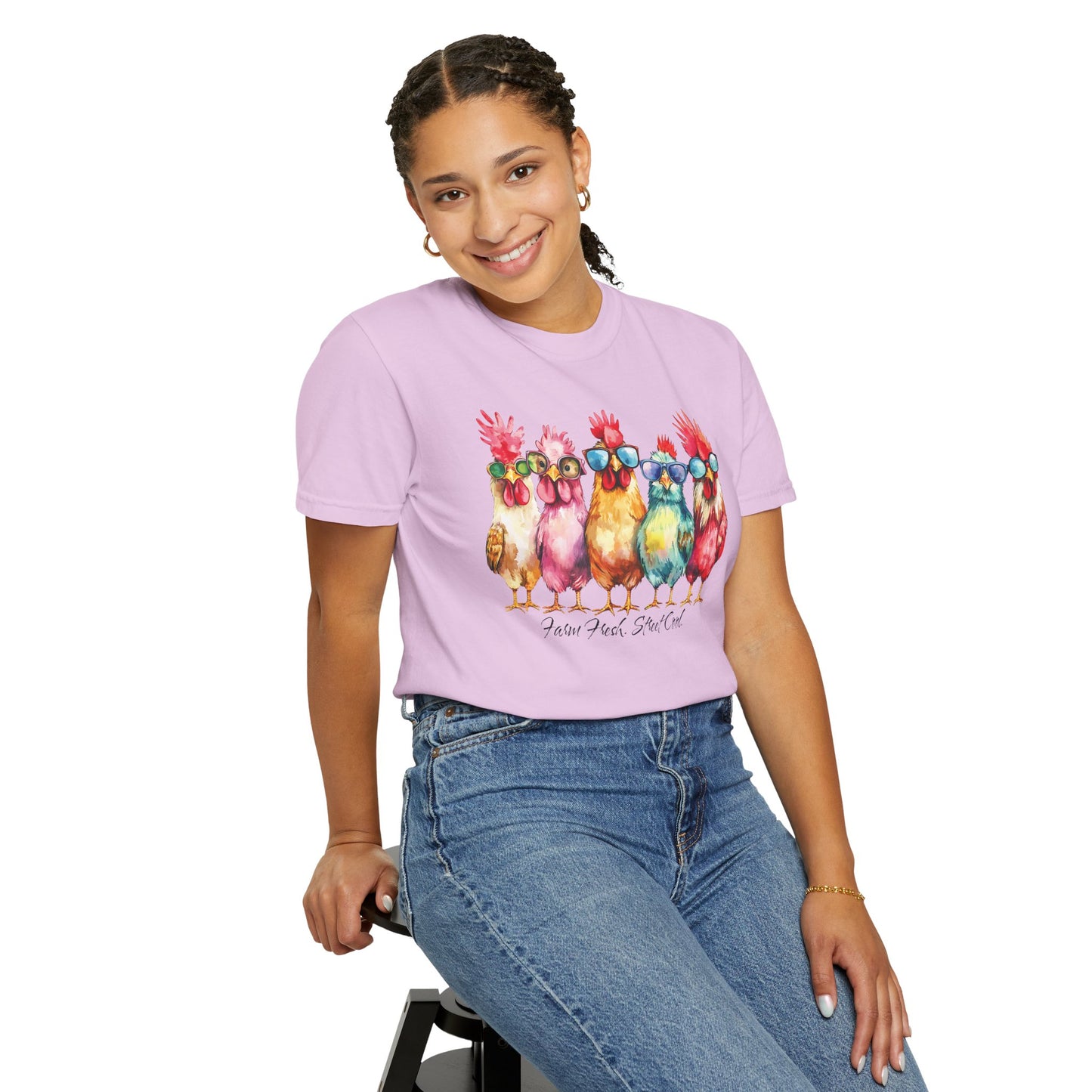 Colorful Chicken Crew T-Shirt — 'Farm Fresh. Street Cool' Graphic Tee