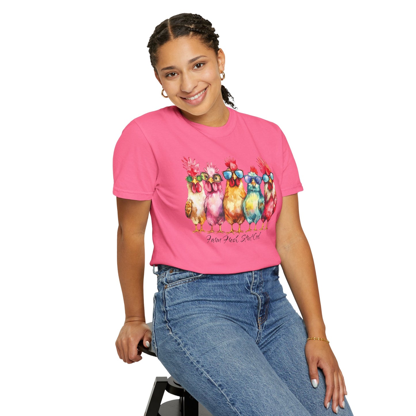 Colorful Chicken Crew T-Shirt — 'Farm Fresh. Street Cool' Graphic Tee