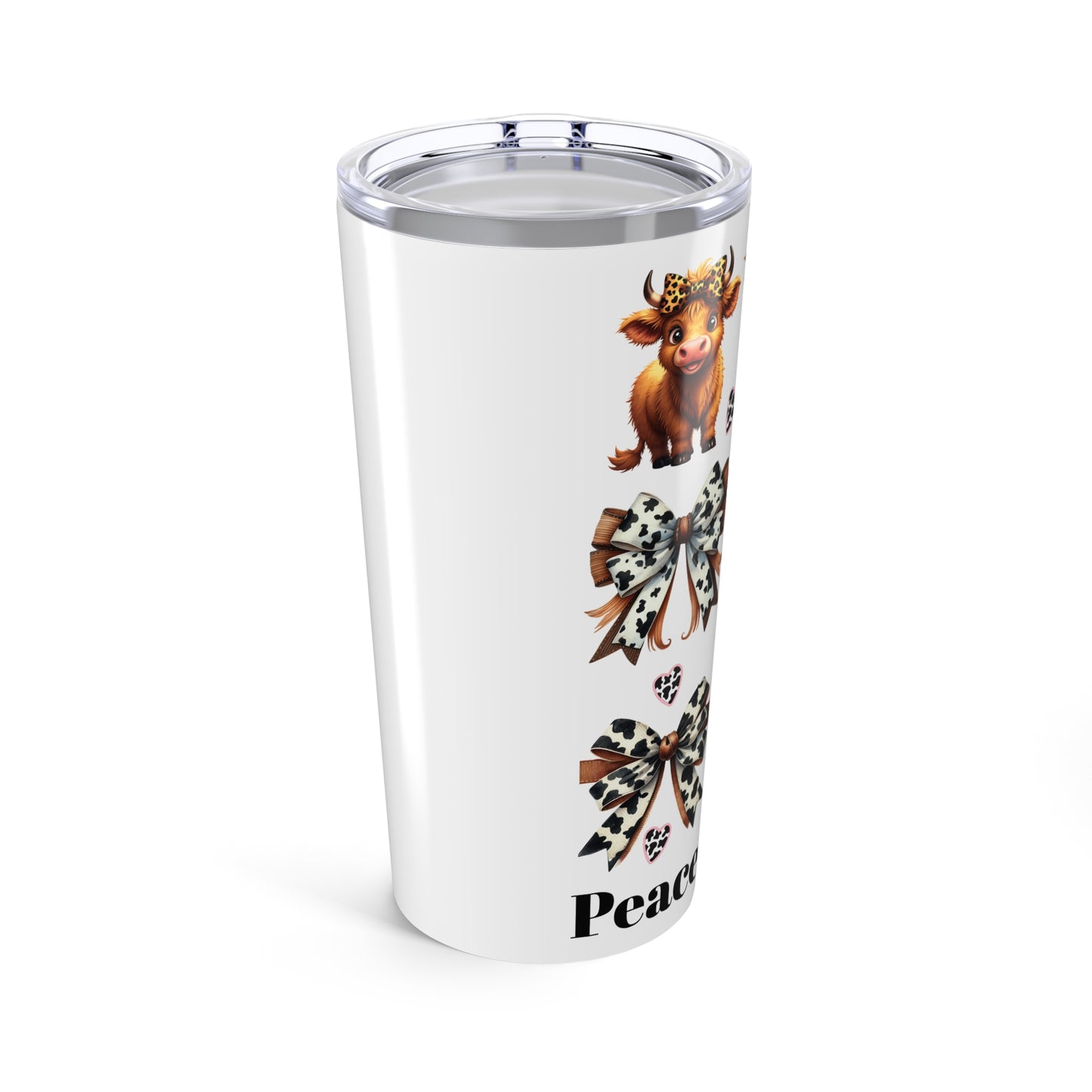 Cow Print Bow 20oz Tumbler — Cute Highland Cow "Peace • Love • Moo" Travel Cup