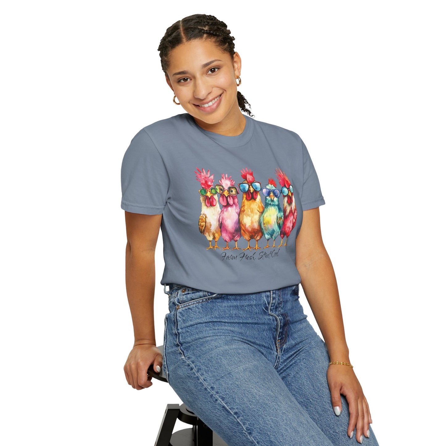 Colorful Chicken Crew T-Shirt — 'Farm Fresh. Street Cool' Graphic Tee