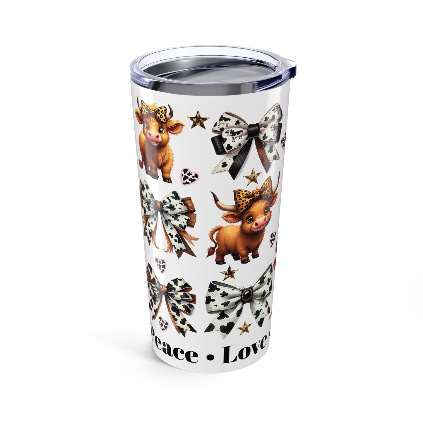 Cow Print Bow 20oz Tumbler — Cute Highland Cow "Peace • Love • Moo" Travel Cup