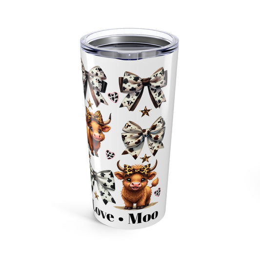 Cow Print Bow 20oz Tumbler — Cute Highland Cow "Peace • Love • Moo" Travel Cup
